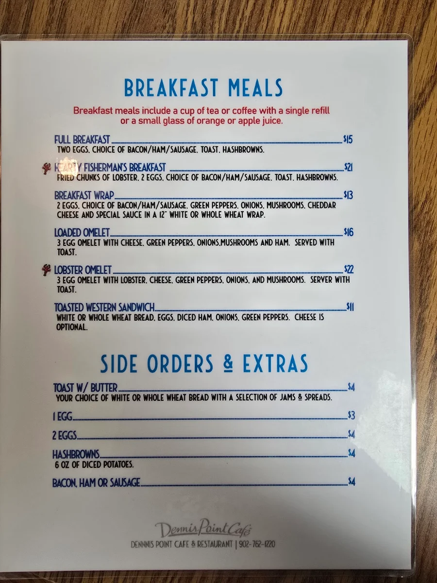 Menu, Dennis Point Café