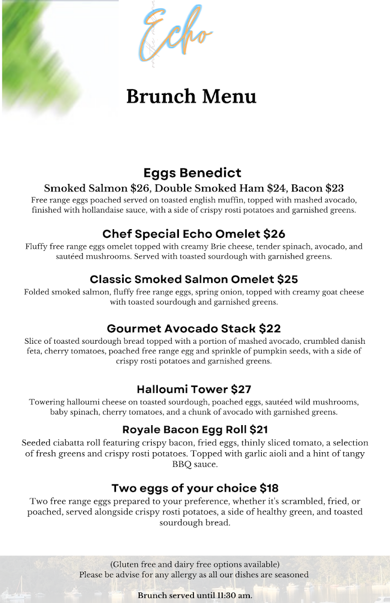 Menu, Echo on the Marina Roseville