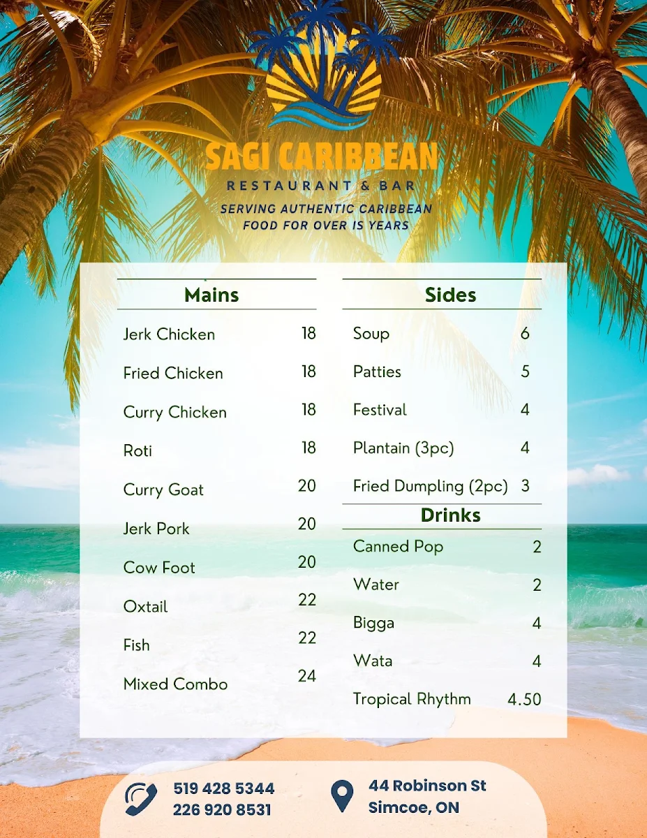 Menu, Sagi Caribbean Restaurant & Bar
