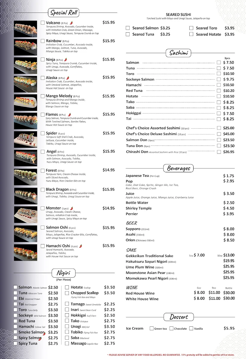 Menu, Miku Sushi