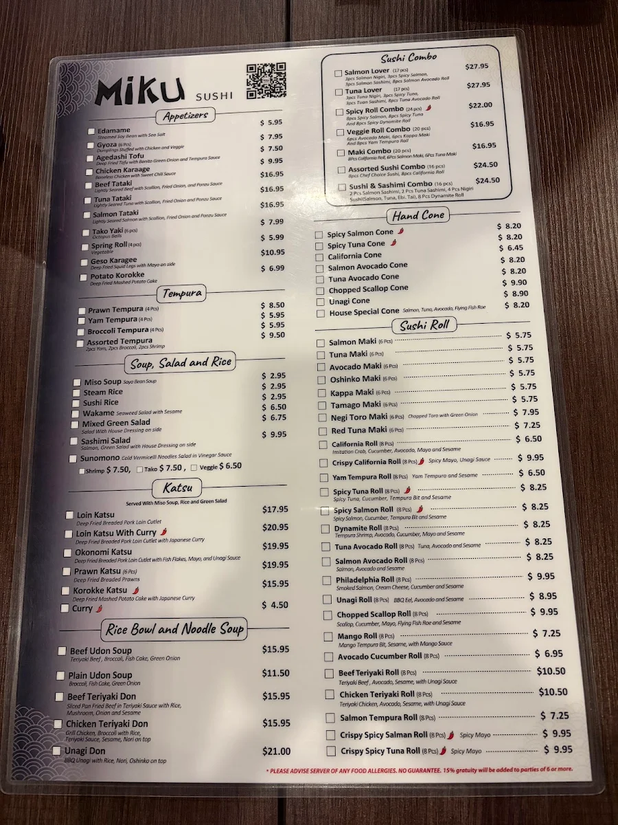 Menu, Miku Sushi