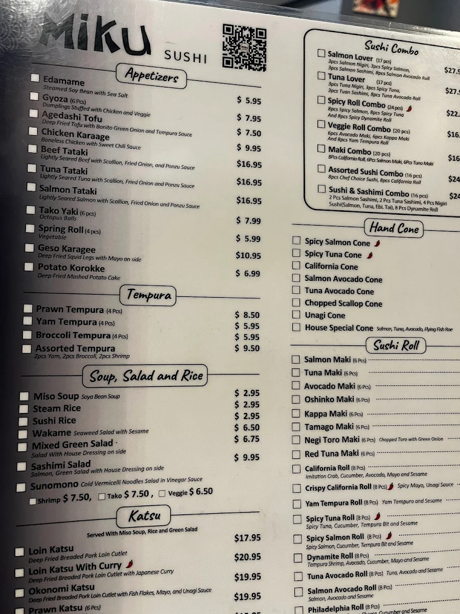 Menu, Miku Sushi