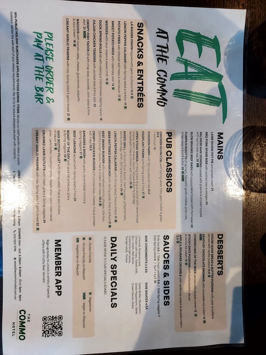 Menu, The Commo (Commun Na Feinne) Hotel
