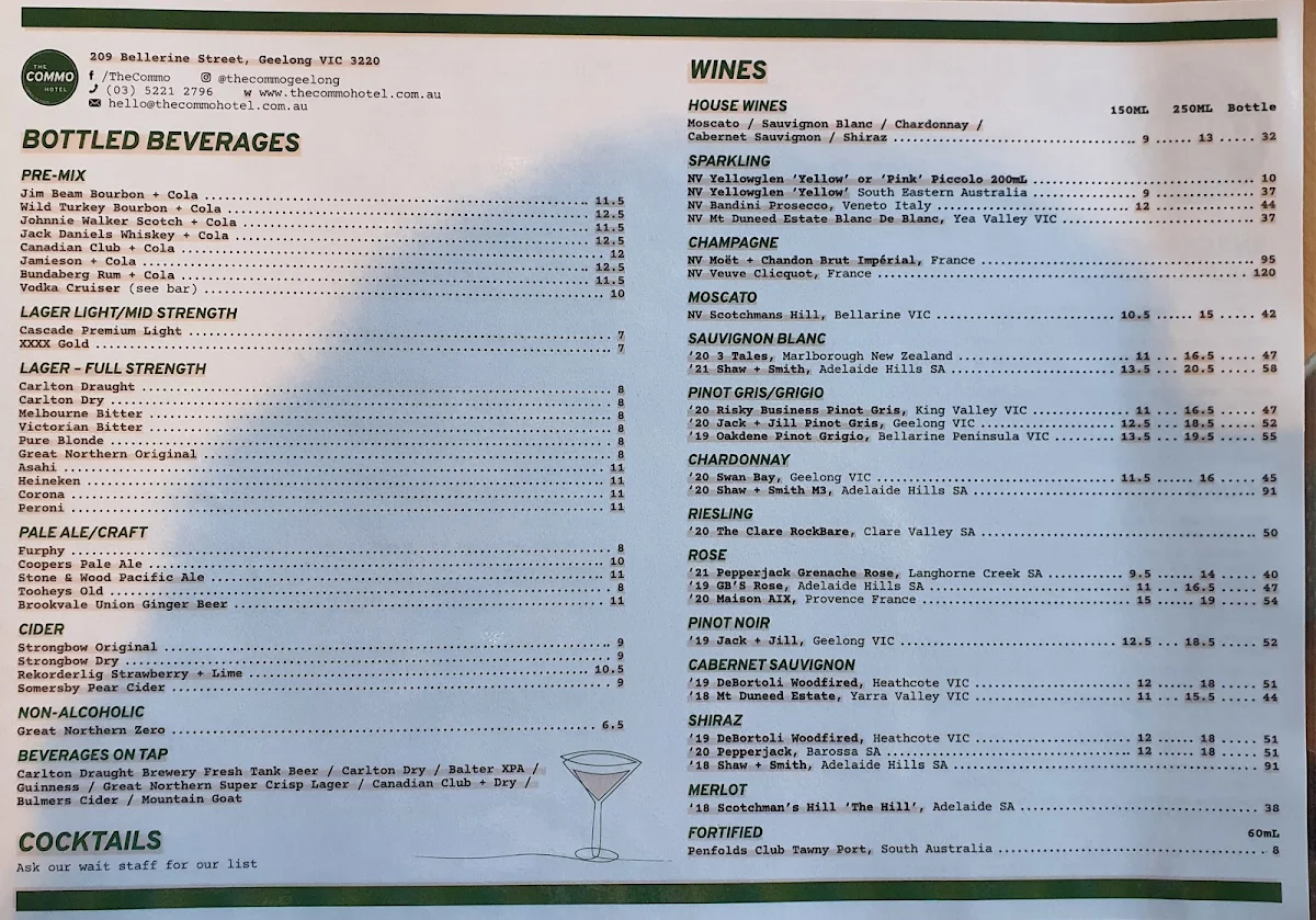 Menu, The Commo (Commun Na Feinne) Hotel