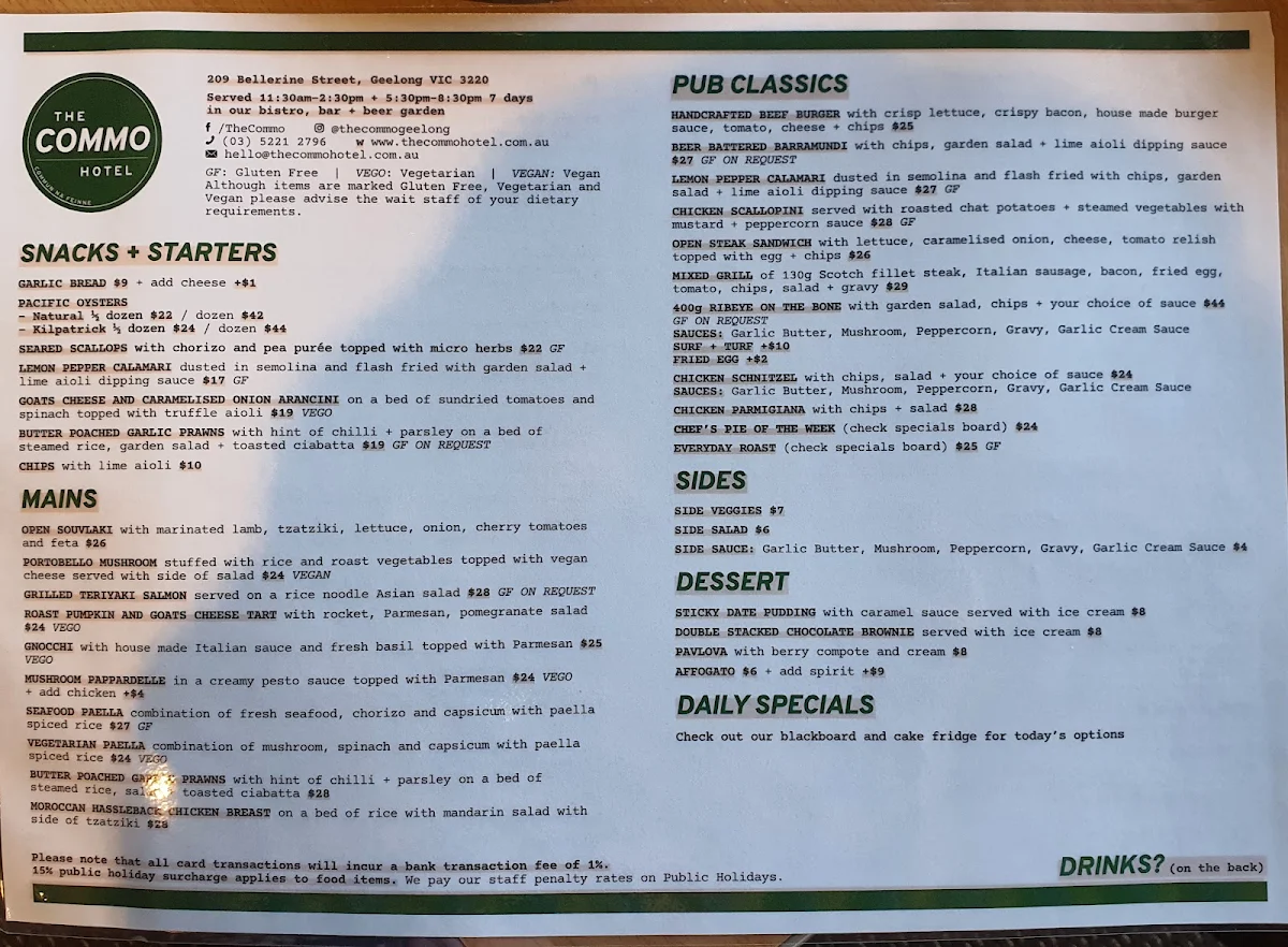 Menu, The Commo (Commun Na Feinne) Hotel