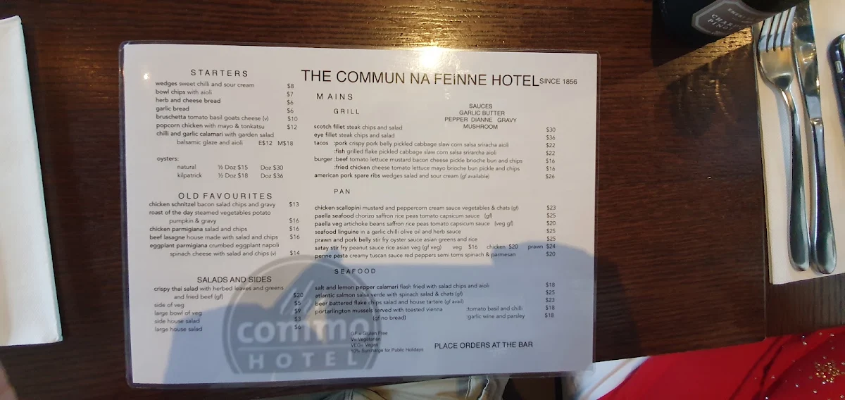 Menu, The Commo (Commun Na Feinne) Hotel
