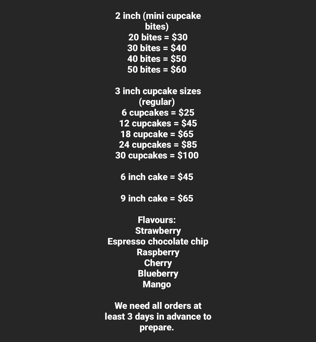 Menu, Oracakes