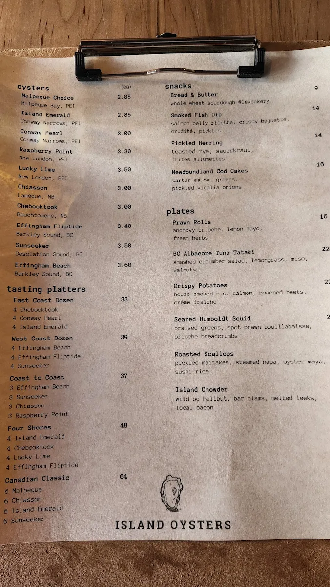 Menu, Island Oysters Restaurant & Bar