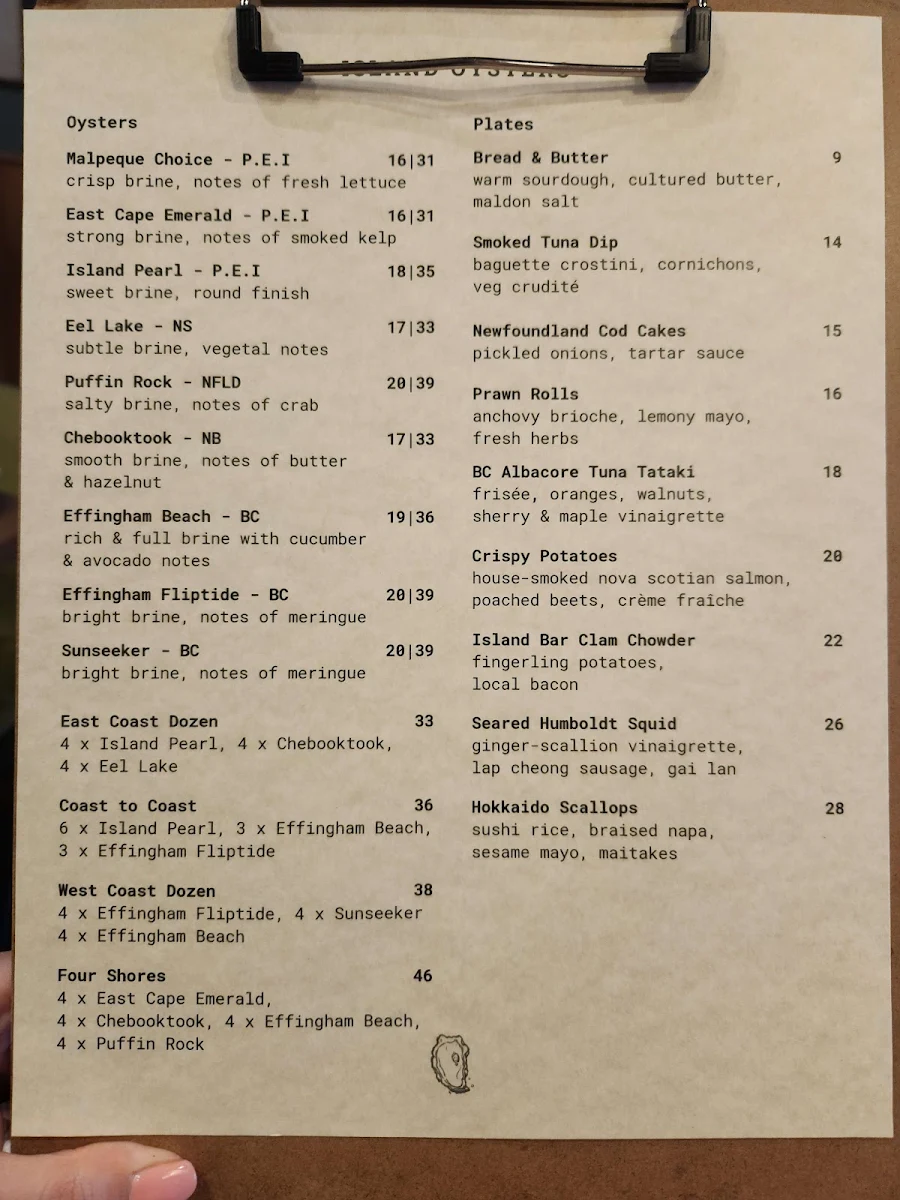 Menu, Island Oysters Restaurant & Bar