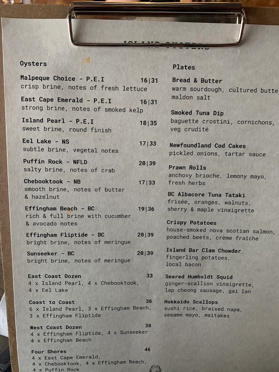 Menu, Island Oysters Restaurant & Bar