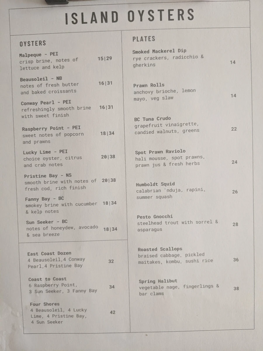 Menu, Island Oysters Restaurant & Bar