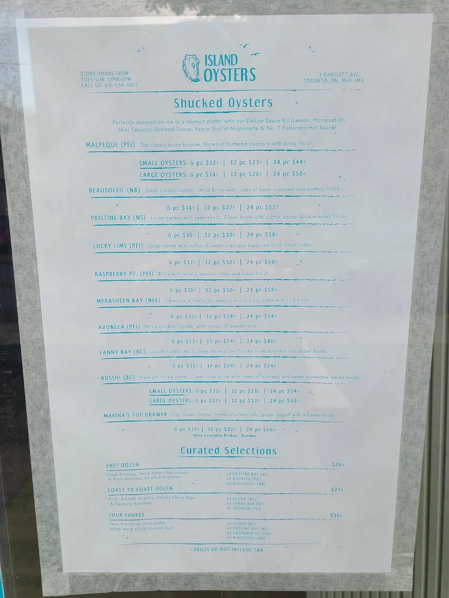 Menu, Island Oysters Restaurant & Bar