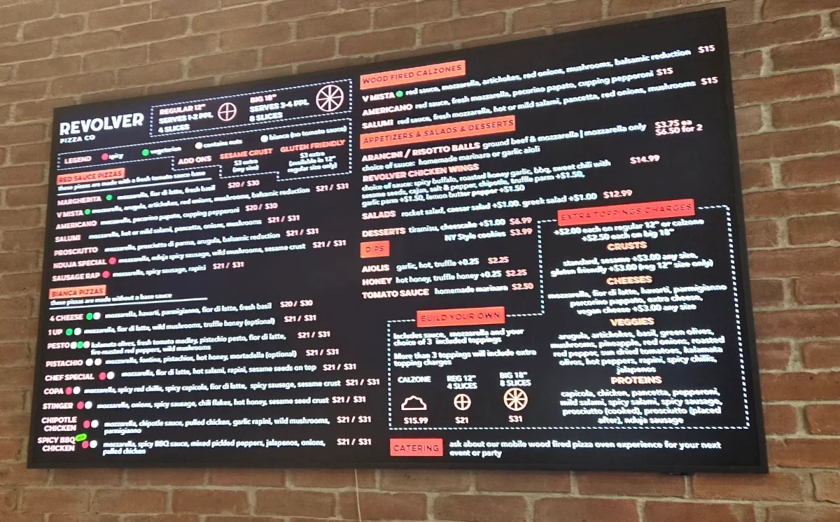 Menu, Revolver Pizza Co.