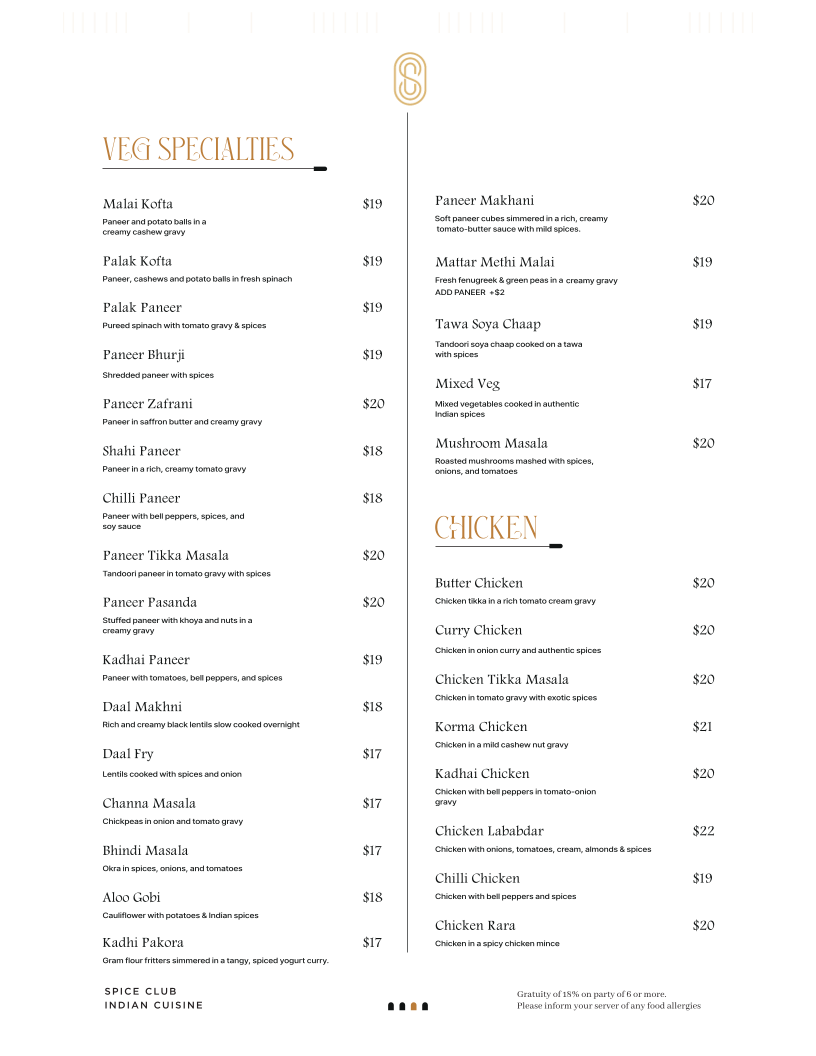 Menu, Spice Club Indian Cuisine