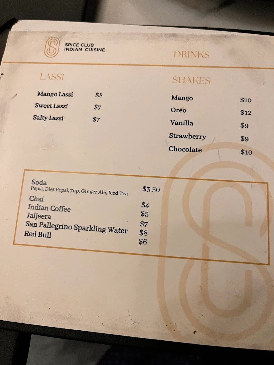 Menu, Spice Club Indian Cuisine