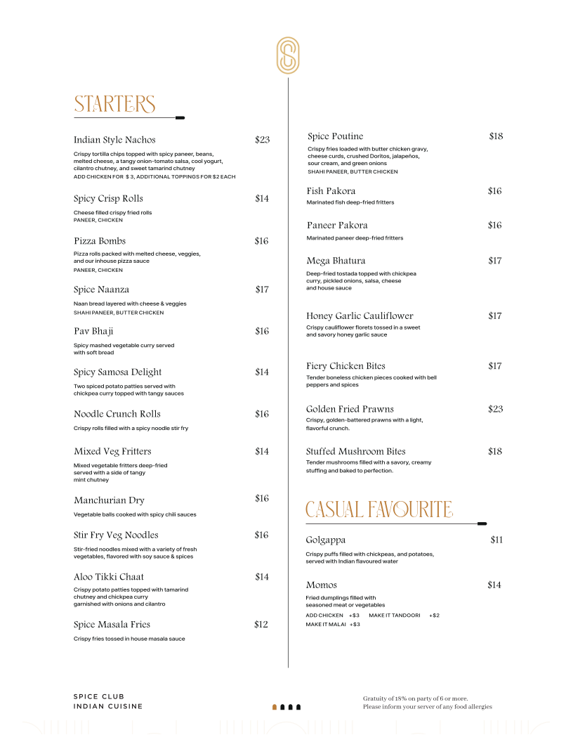 Menu, Spice Club Indian Cuisine