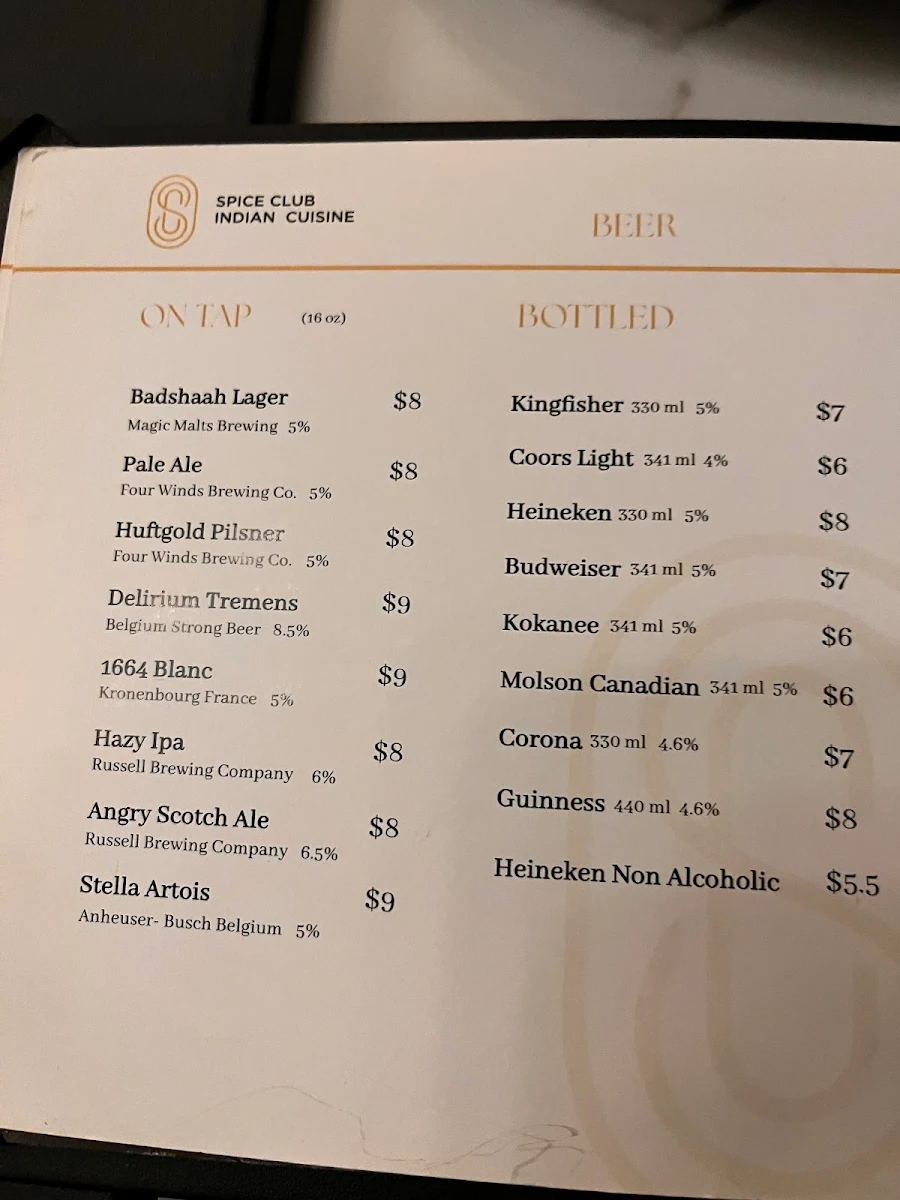 Menu, Spice Club Indian Cuisine