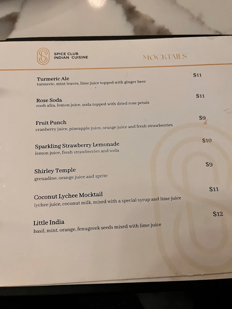Menu, Spice Club Indian Cuisine