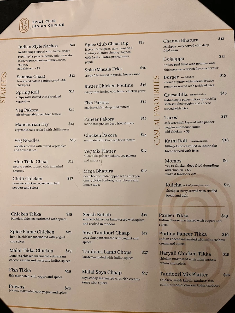 Menu, Spice Club Indian Cuisine