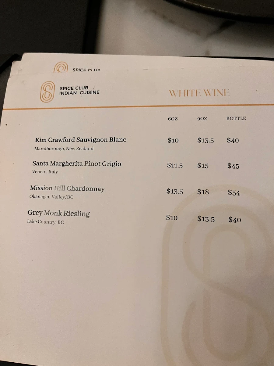 Menu, Spice Club Indian Cuisine