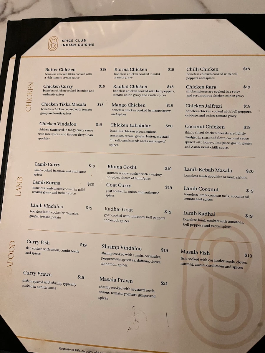 Menu, Spice Club Indian Cuisine