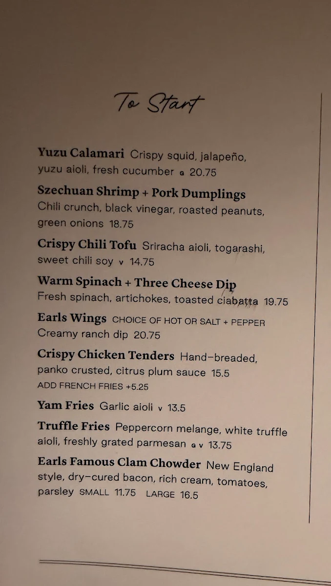 Menu, Earls Kitchen + Bar