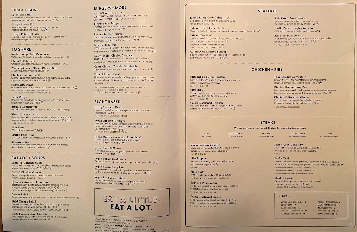 Menu, Earls Kitchen + Bar