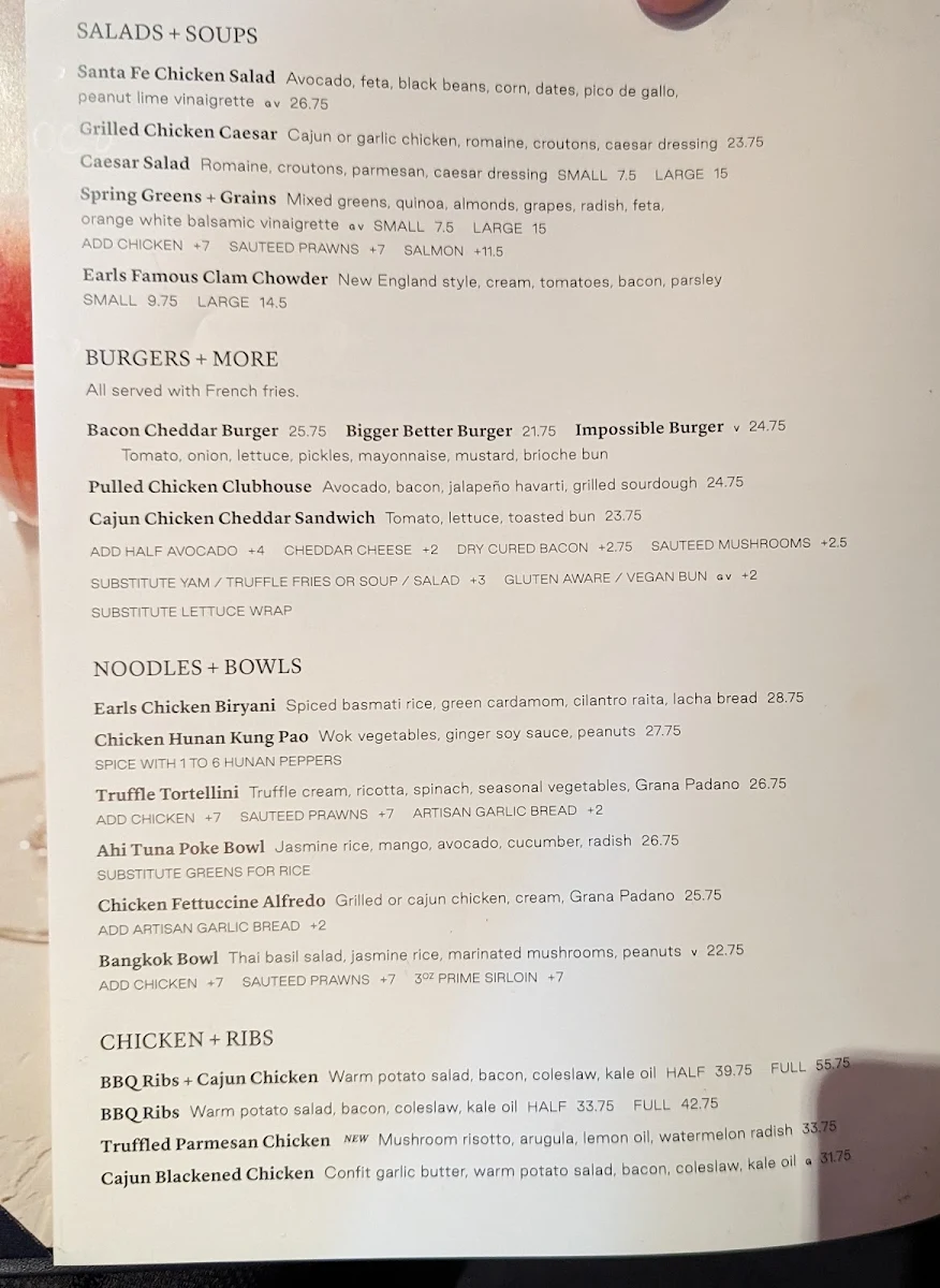 Menu, Earls Kitchen + Bar