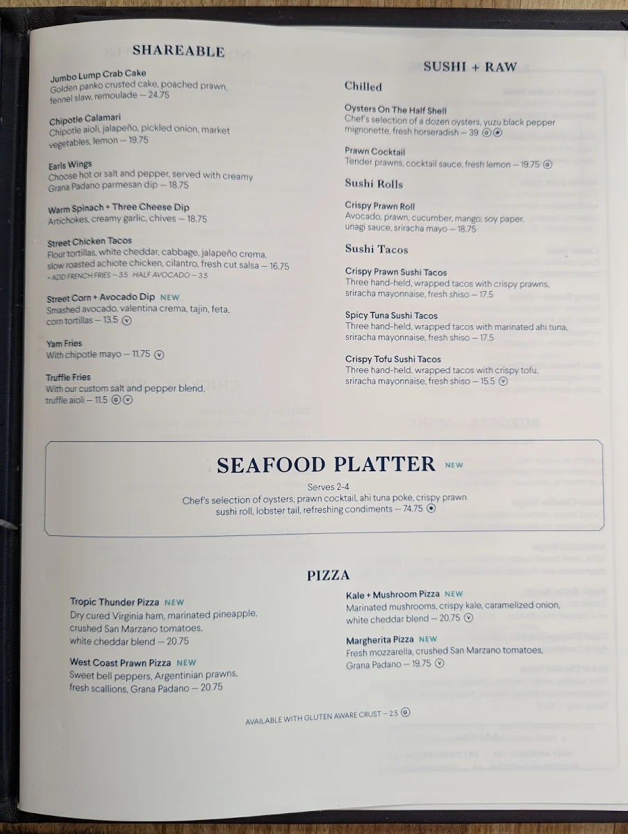 Menu, Earls Kitchen + Bar