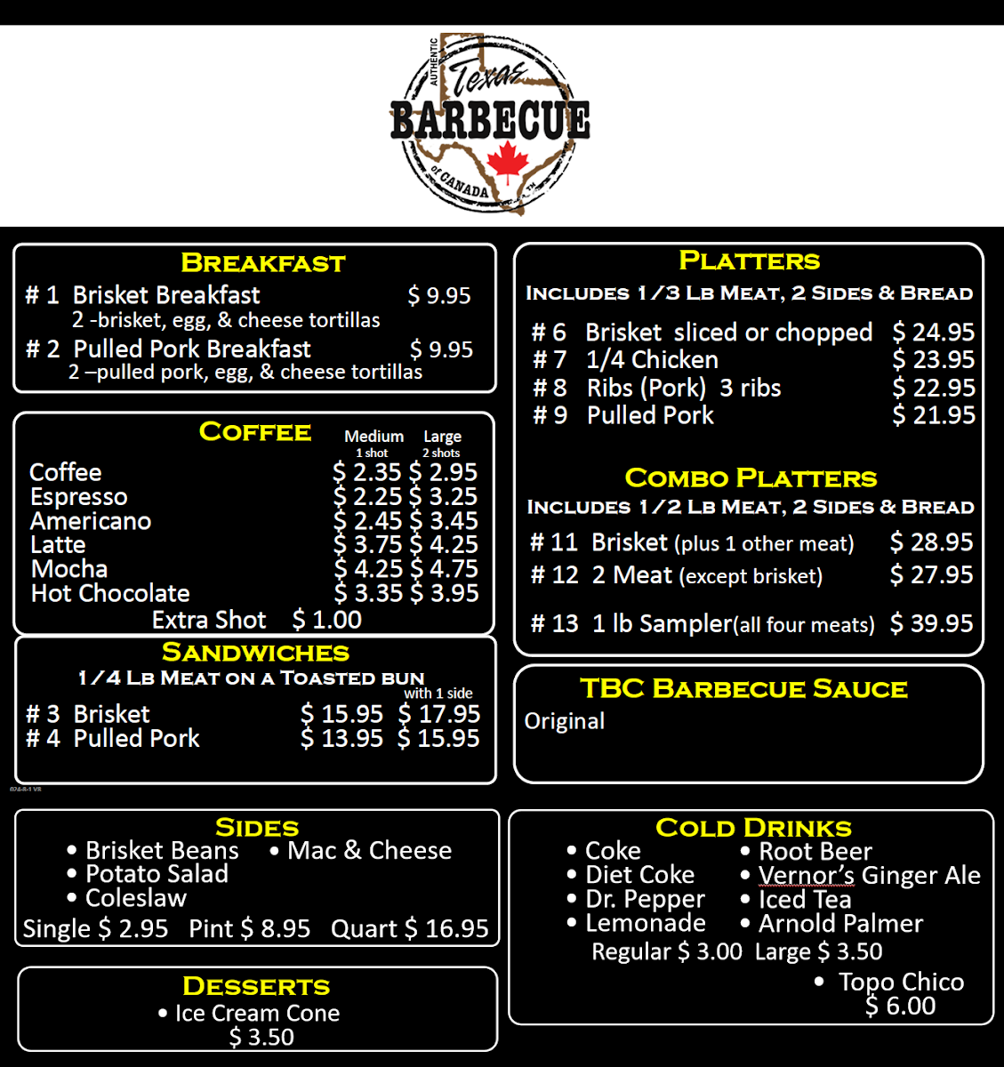 Menu, Texas Barbecue of Canada