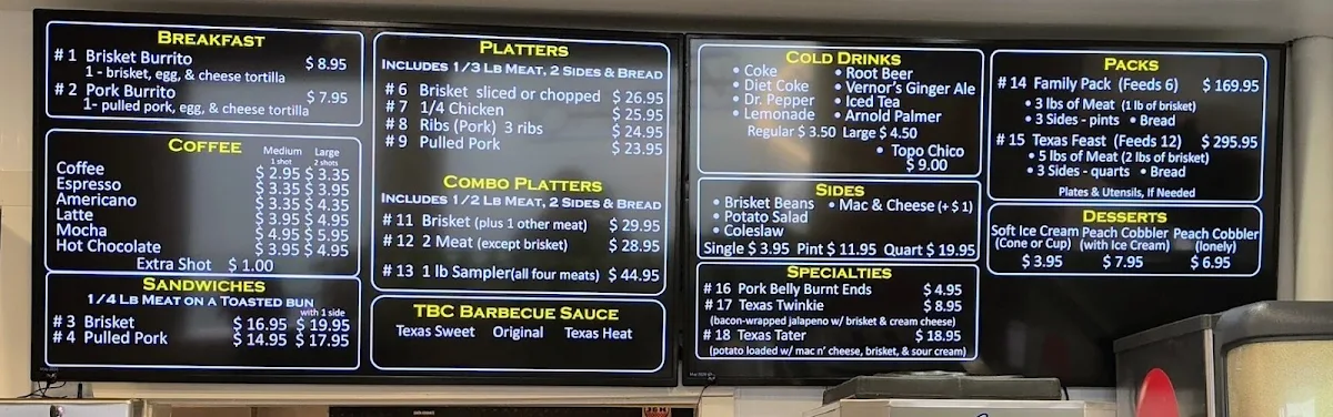 Menu, Texas Barbecue of Canada