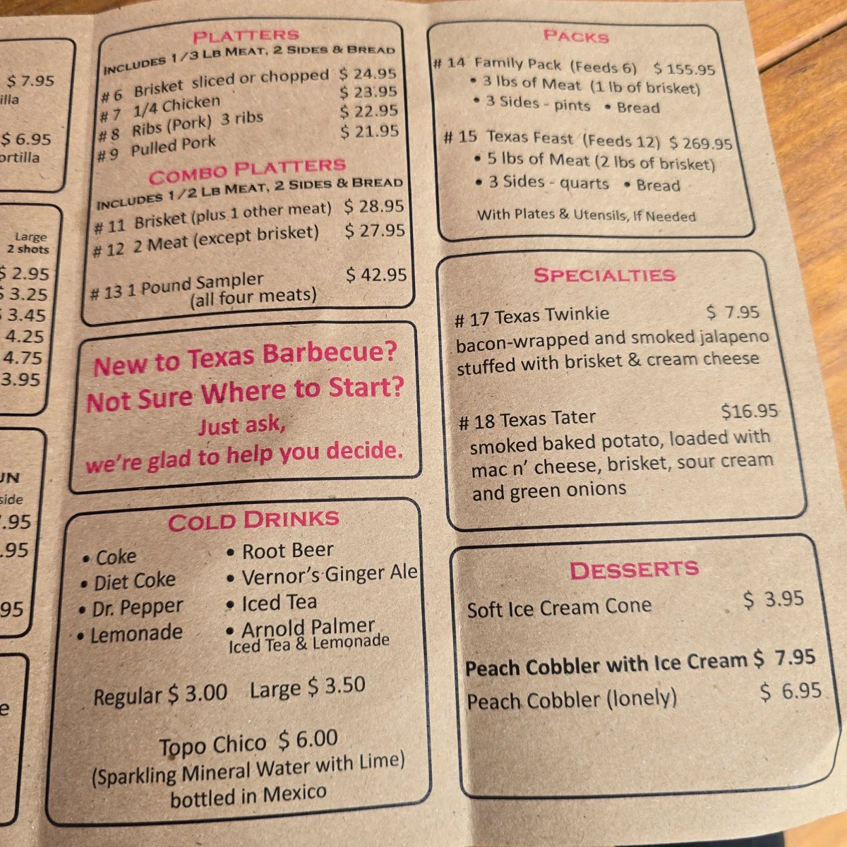 Menu, Texas Barbecue of Canada