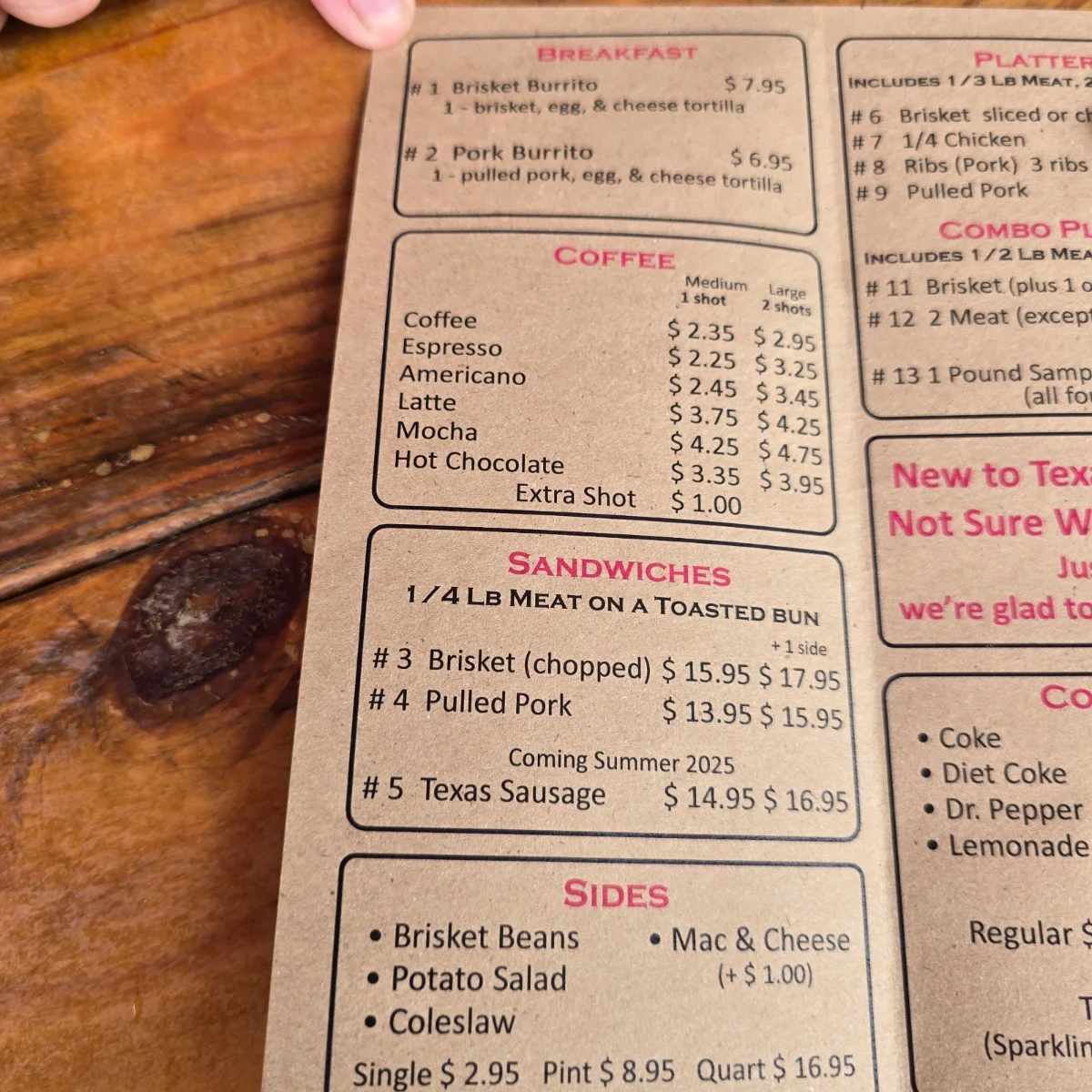 Menu, Texas Barbecue of Canada