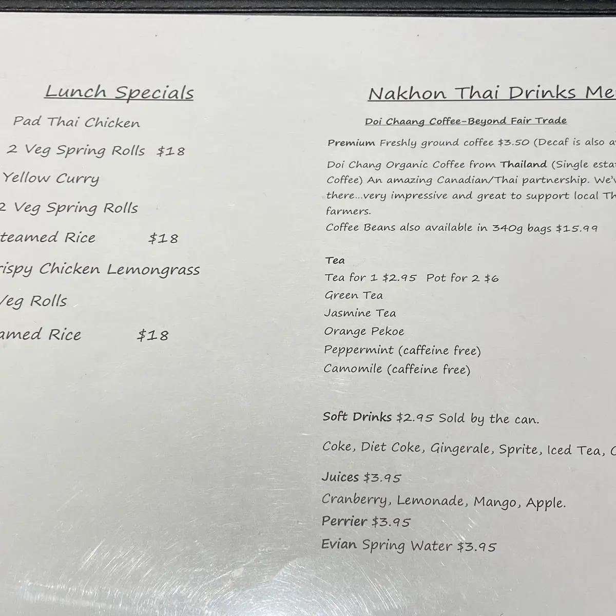 Menu, Nakhon Thai Restaurant