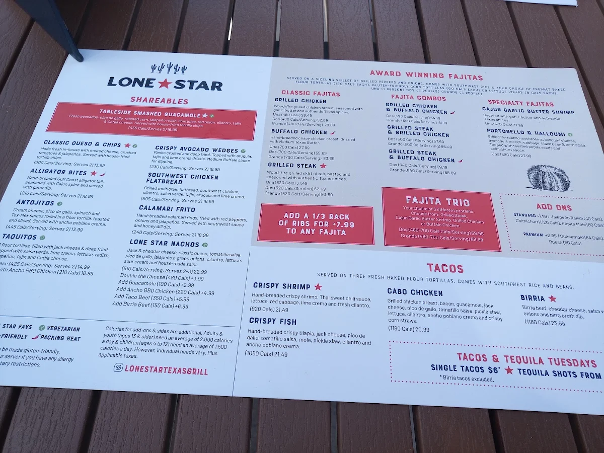 Menu, Lone Star Texas Grill