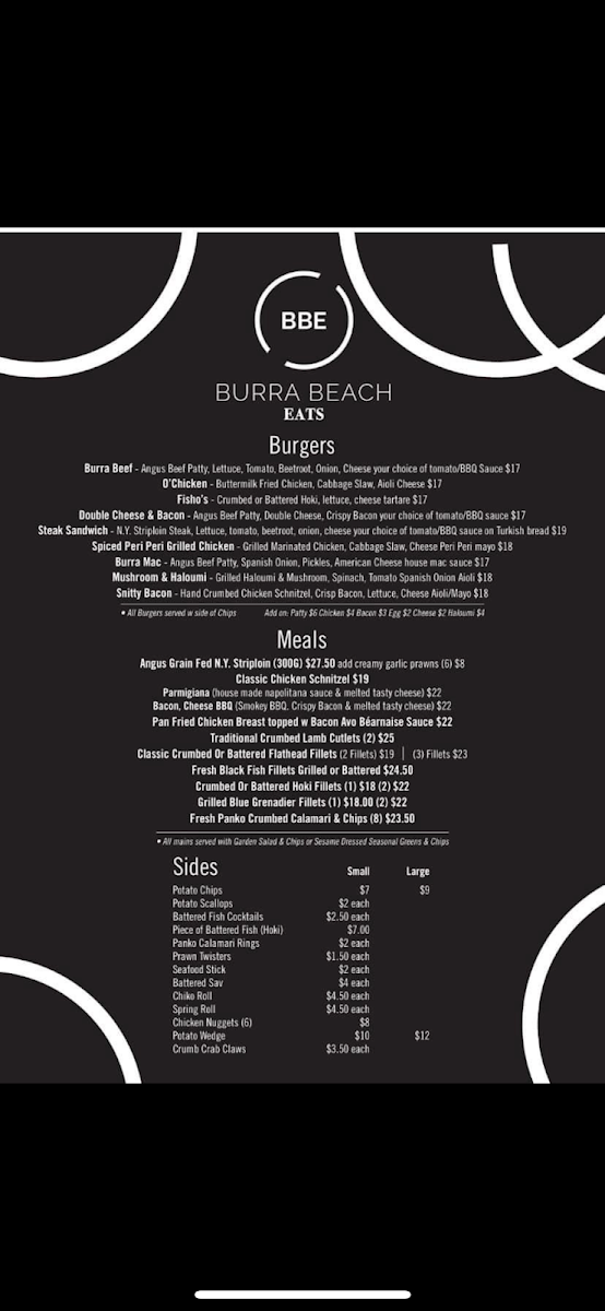 Menu, Burra Beach Eats