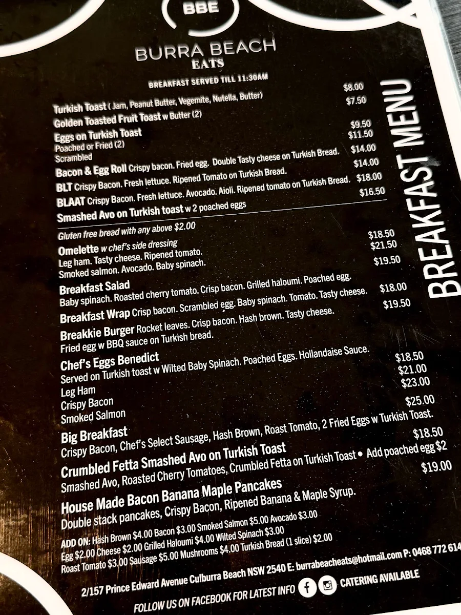Menu, Burra Beach Eats
