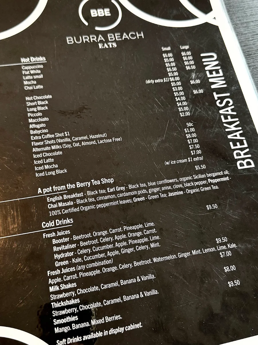 Menu, Burra Beach Eats