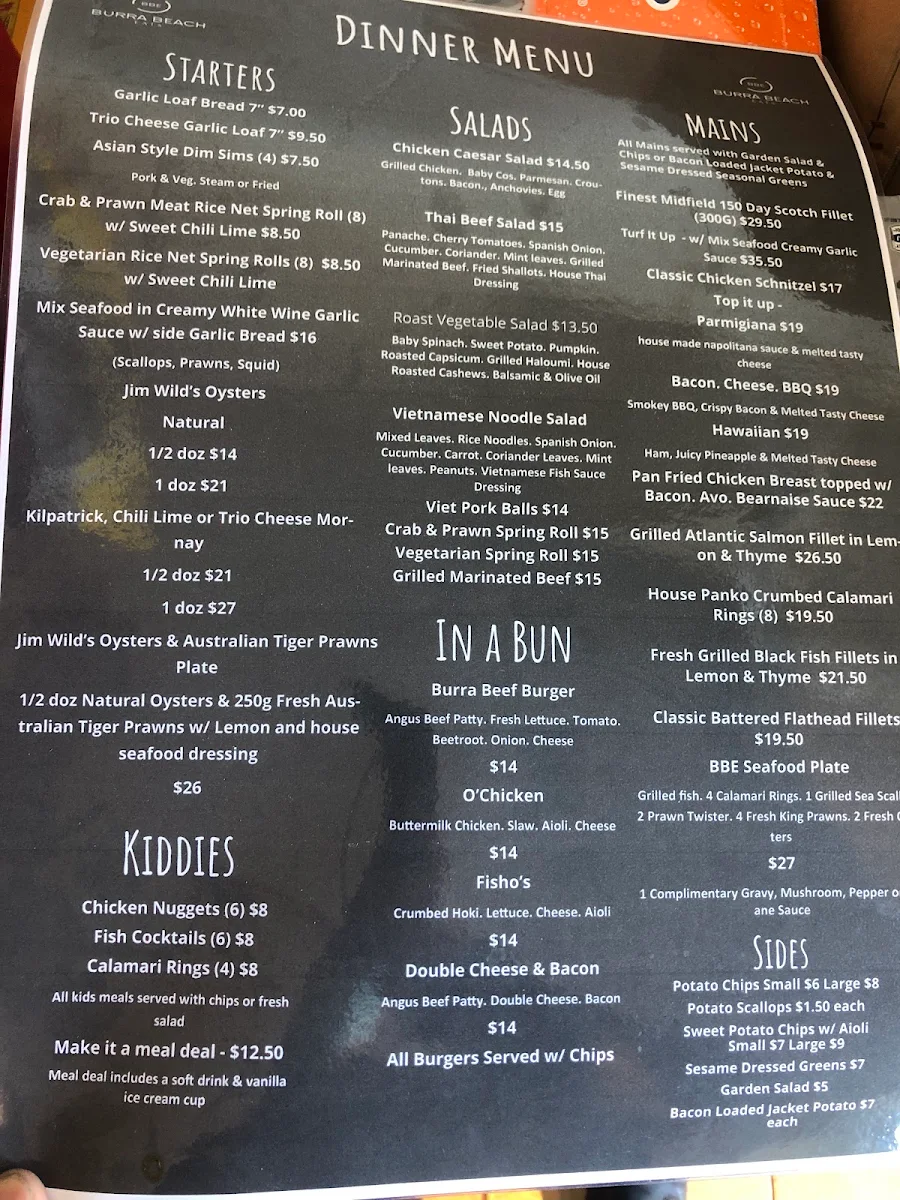 Menu, Burra Beach Eats