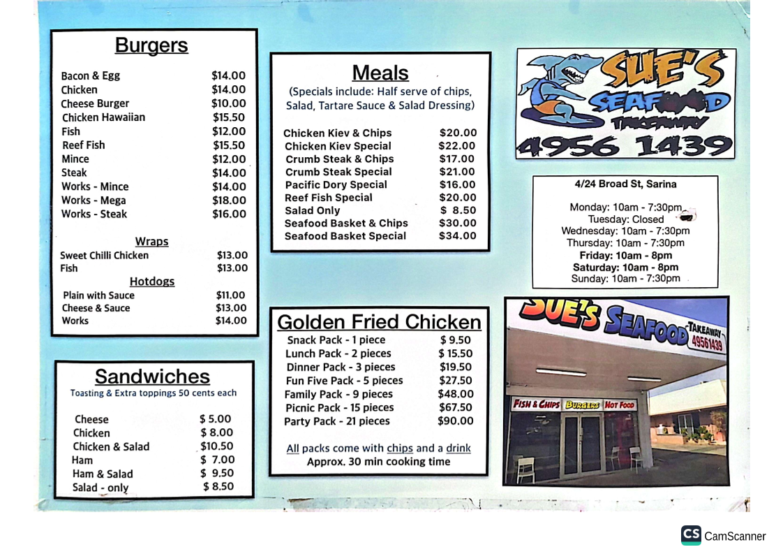 Menu, Sue's Seafood & Takeaway
