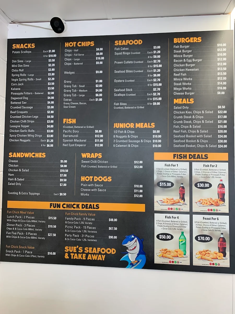Menu, Sue's Seafood & Takeaway
