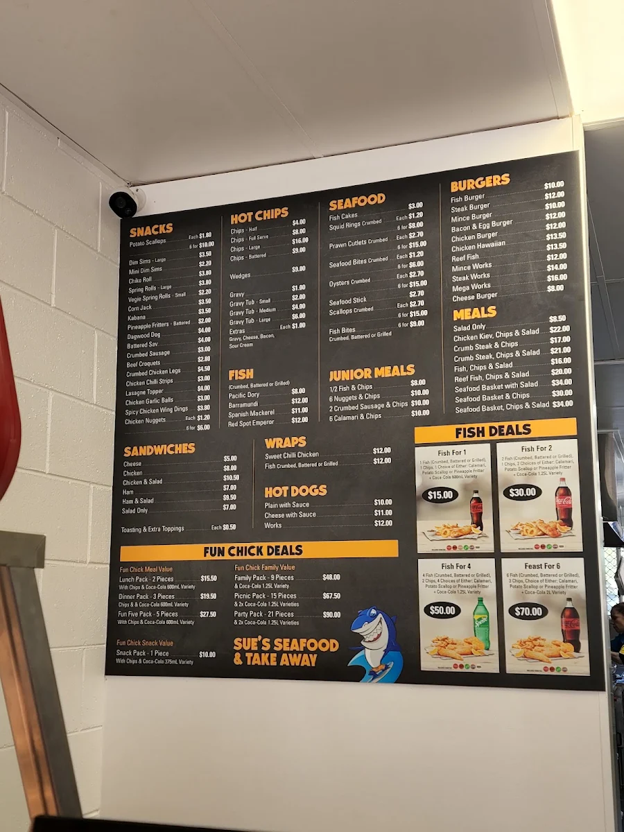 Menu, Sue's Seafood & Takeaway