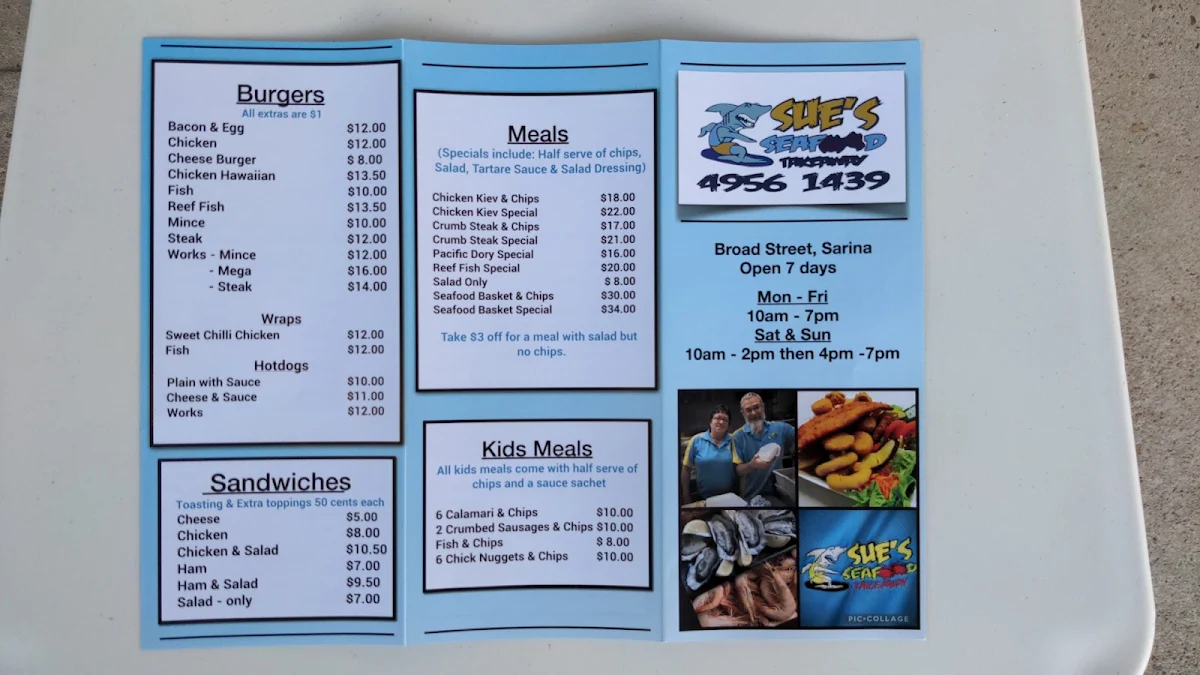 Menu, Sue's Seafood & Takeaway