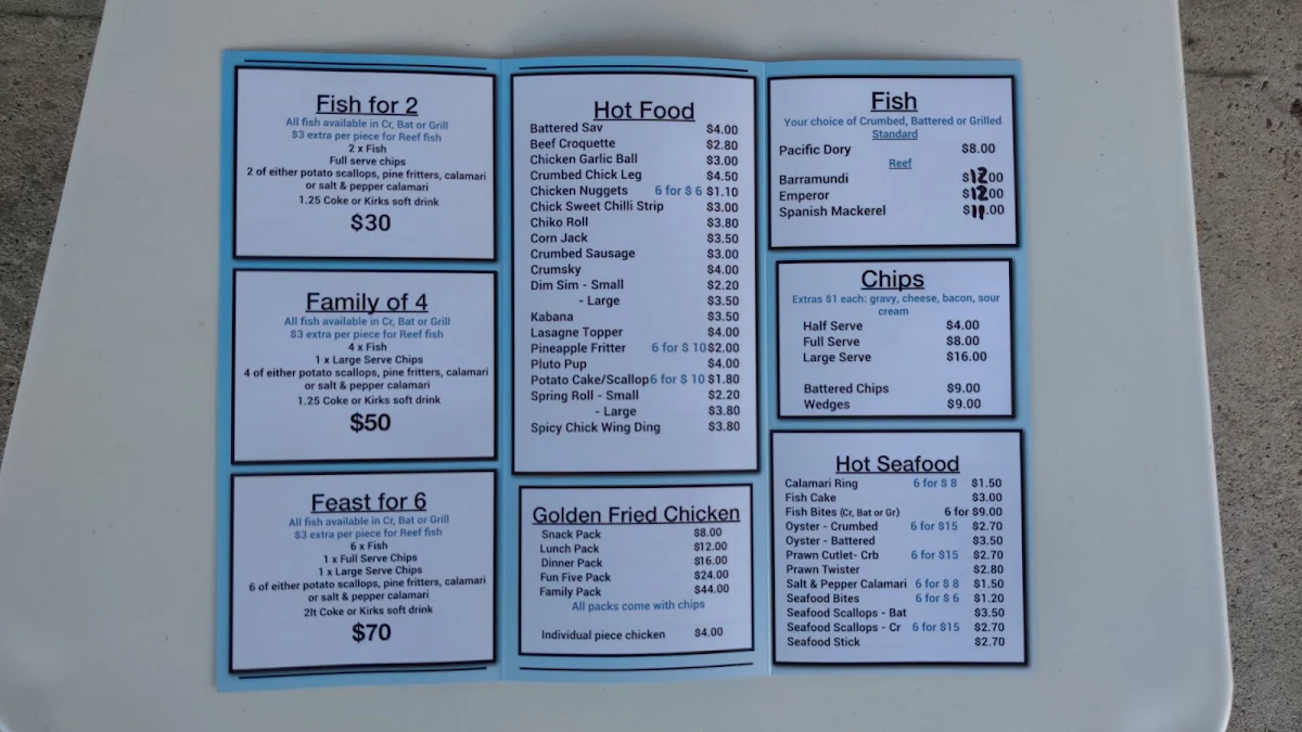 Menu, Sue's Seafood & Takeaway