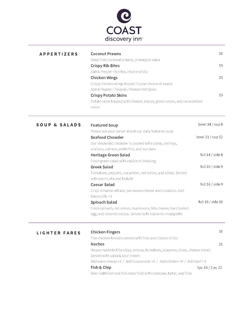 Menu, D.I. Restaurant & Lounge