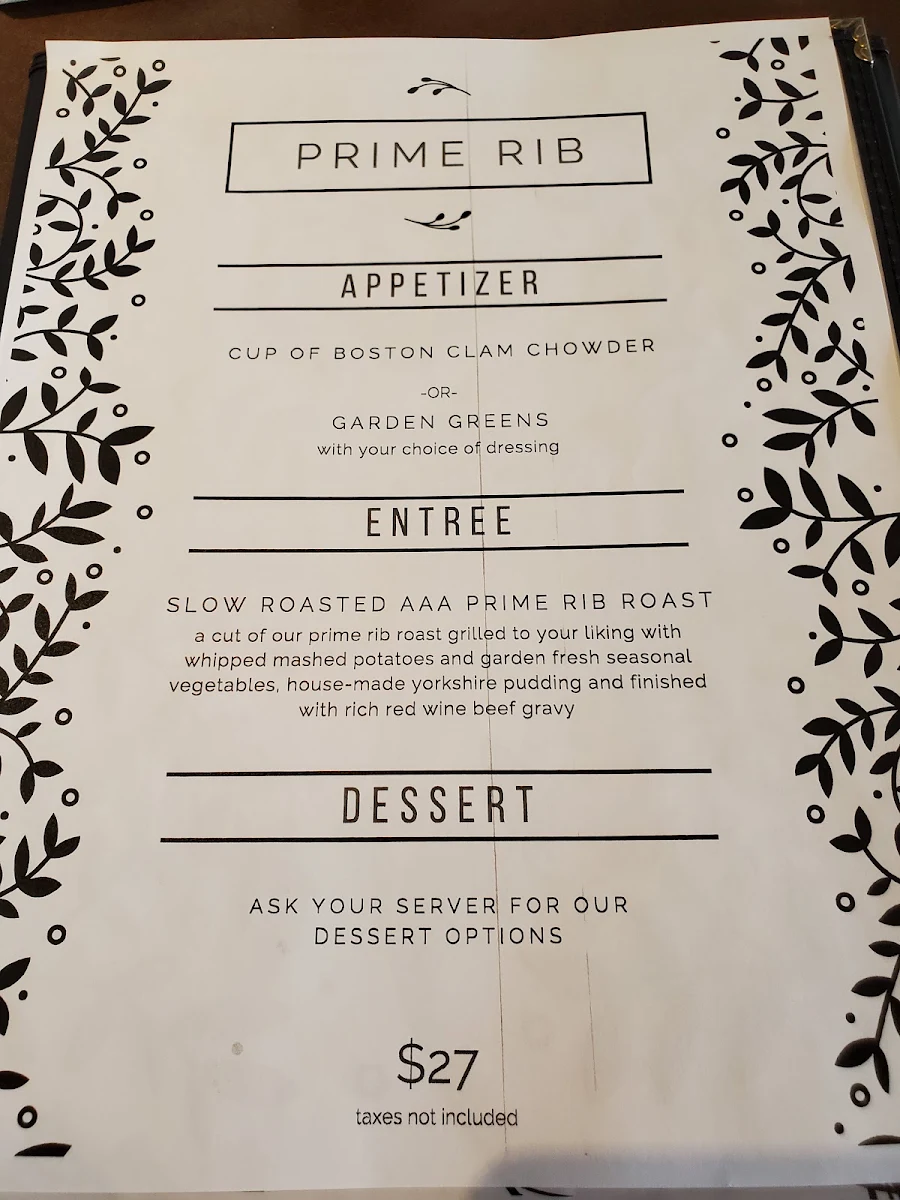 Menu, D.I. Restaurant & Lounge