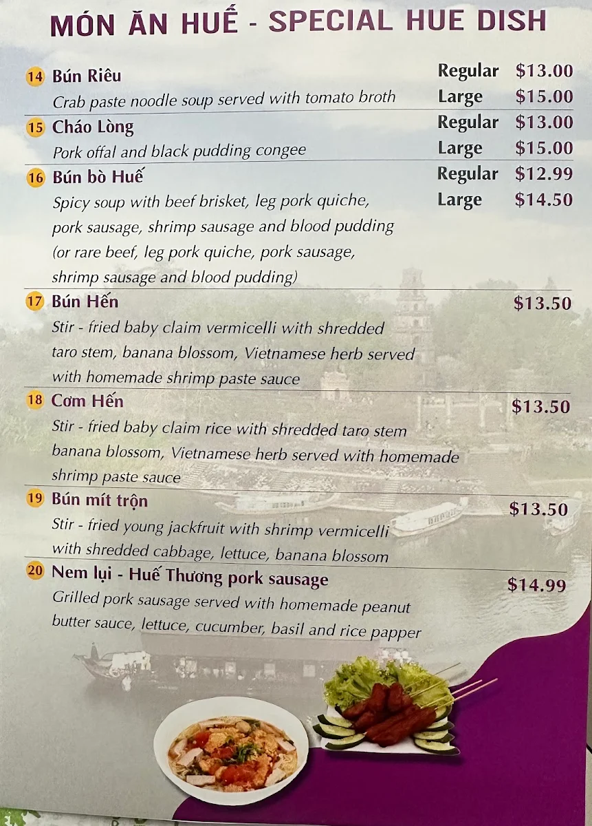 Menu, Hue Thuong Restaurant