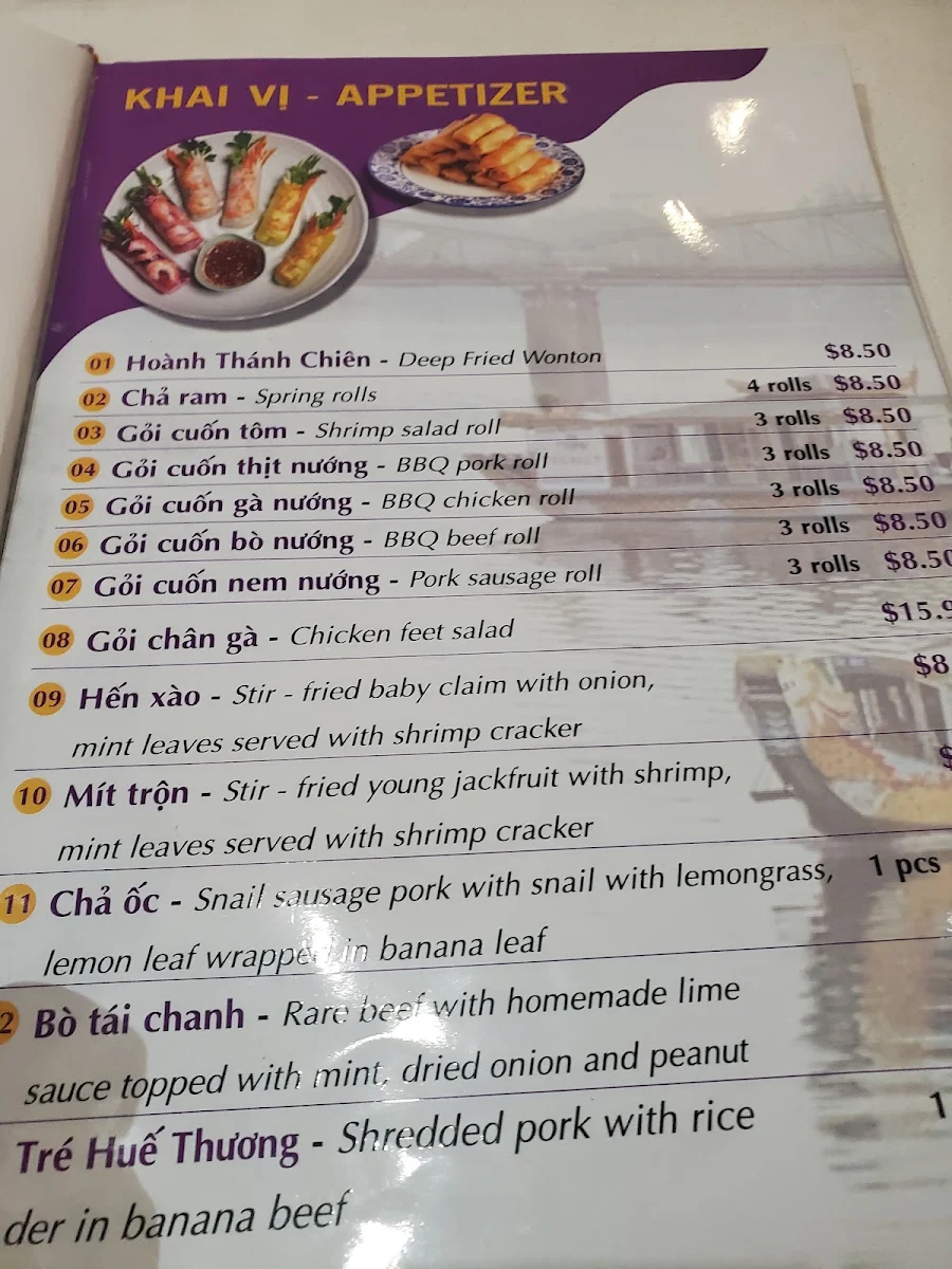 Menu, Hue Thuong Restaurant