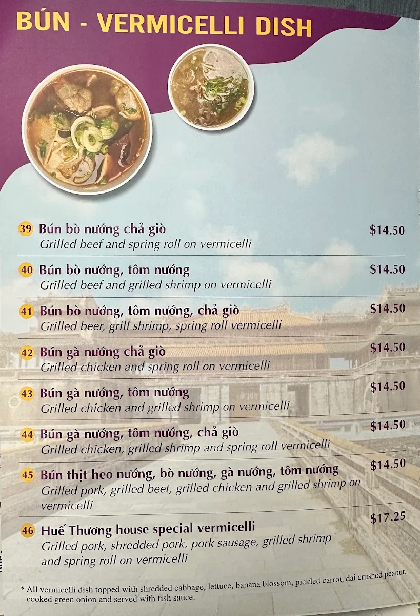 Menu, Hue Thuong Restaurant