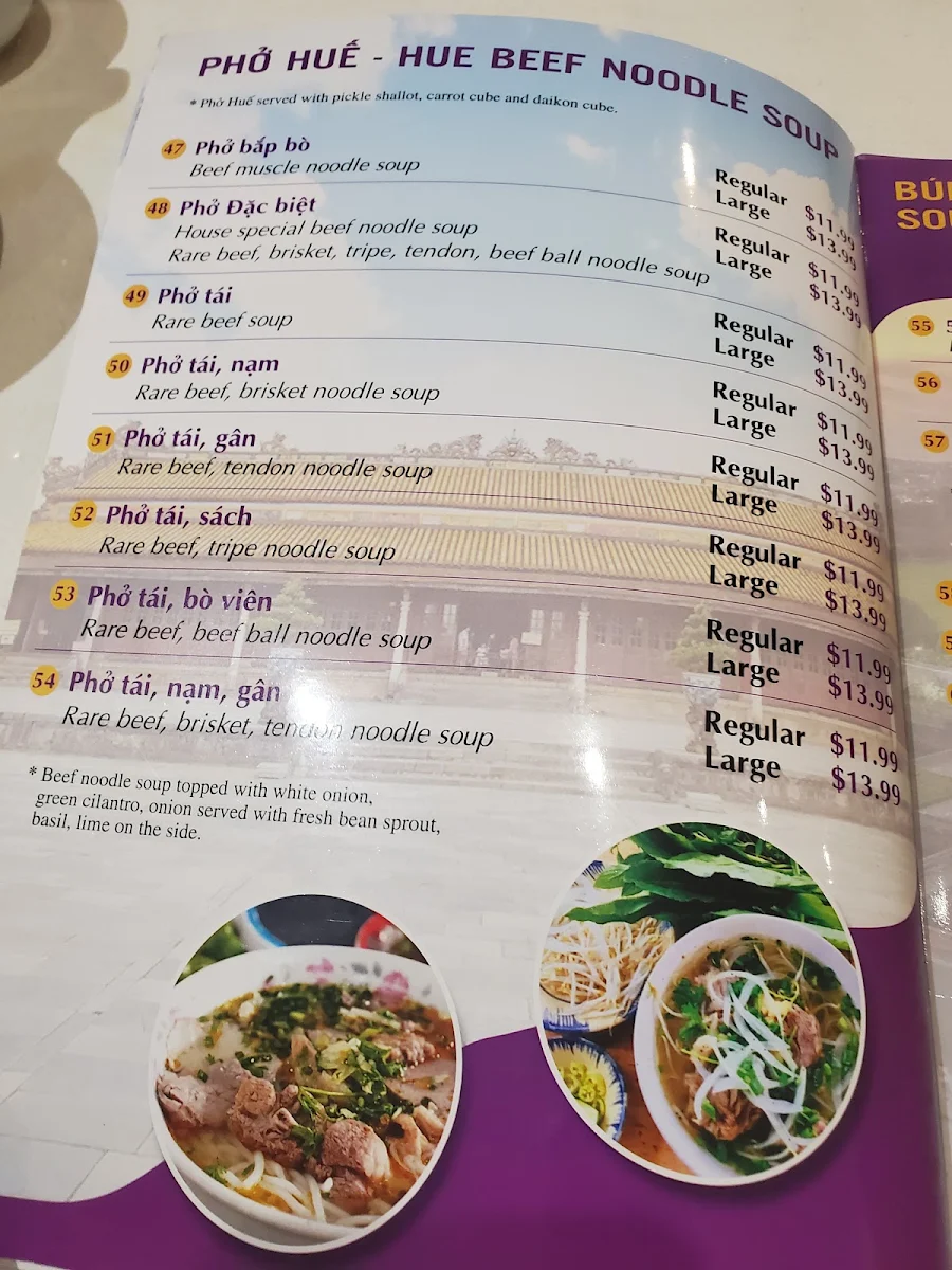 Menu, Hue Thuong Restaurant